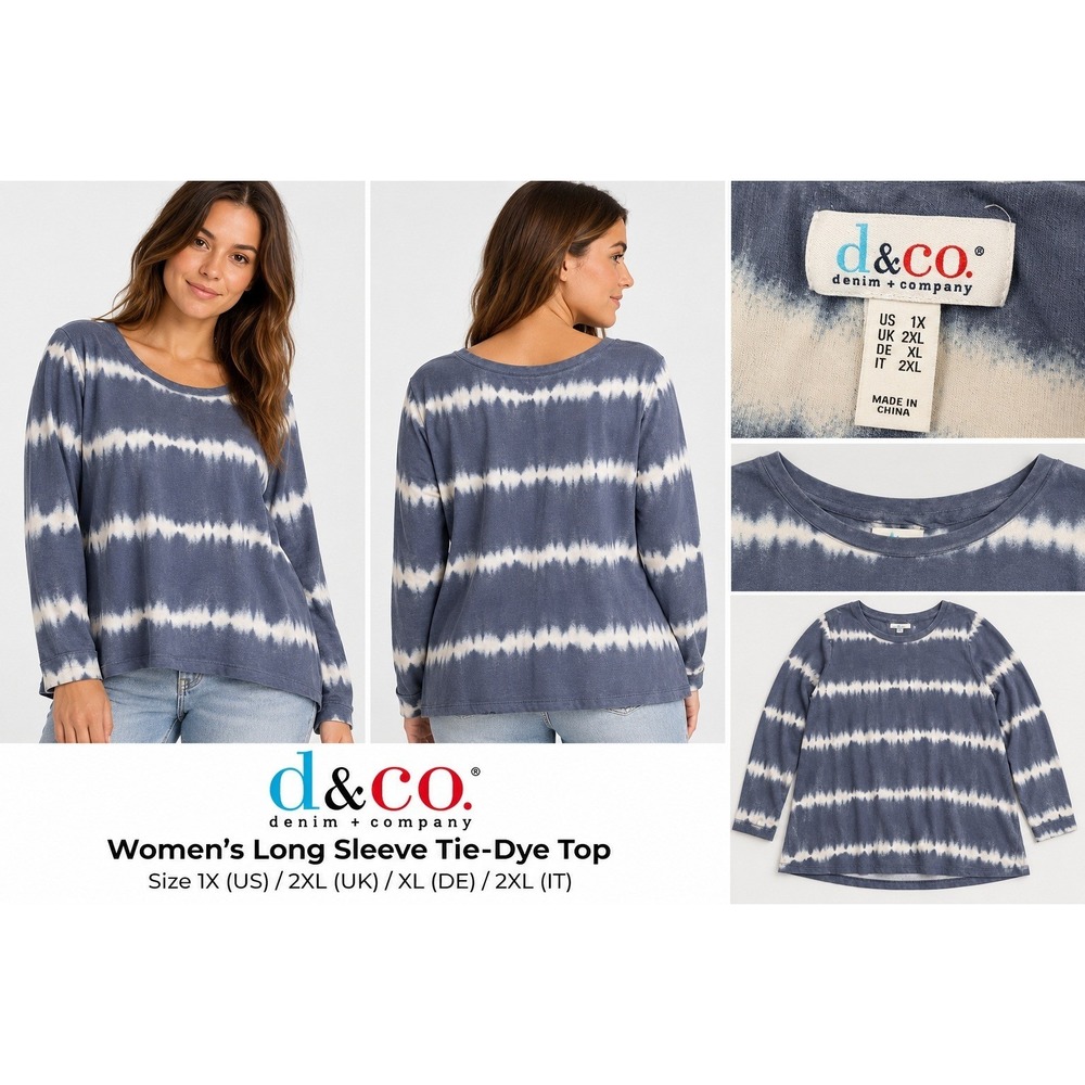 Denim & Company Top Women 1X Blue Excellent Coastal Boho Tie-Dye Long Sleeve